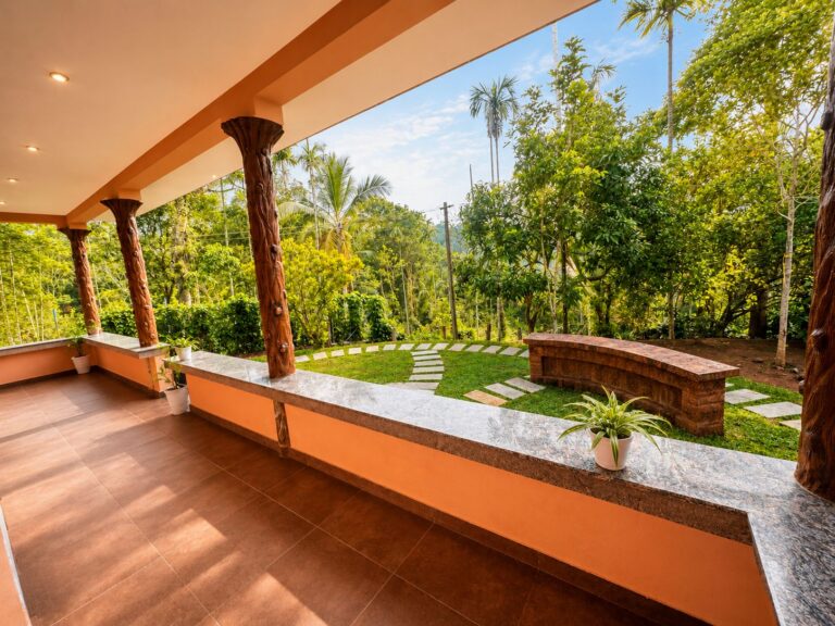 Private veranda of Premium Duplex Cottage overlooking the coffee plantation at Wayanad Lakeshore Resort